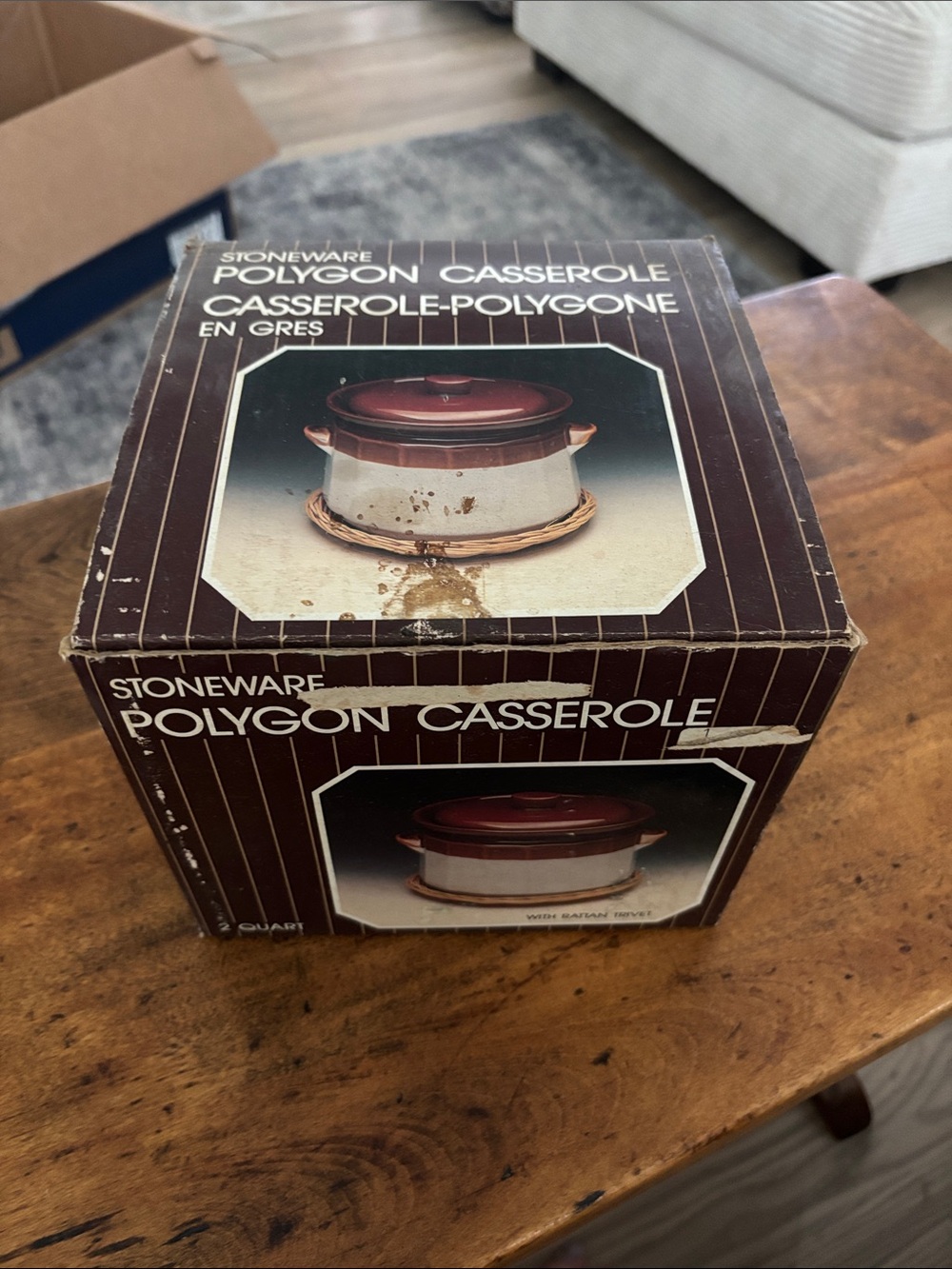 Vintage Mid Century Retro Ceramic Polygon Casserole with Lid Rattan Trivet